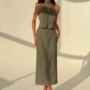 Aloruh Ensemble décontracté de 2 pièces : Débardeur avec décoration en nœud et évidements, et jupe mi-slip
