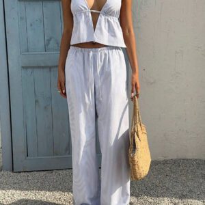 Sunnyshic 2 pièces Costume rayé bleu et blanc pour femme : Top sans dos à encolure en V profond en coton et pantalon large taille haute à cordon, tenue de mode décontractée pour les vacances et le quotidien, printemps/été