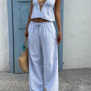 Sunnyshic 2 pièces Costume rayé bleu et blanc pour femme : Top sans dos à encolure en V profond en coton et pantalon large taille haute à cordon, tenue de mode décontractée pour les vacances et le quotidien, printemps/été