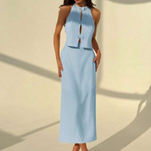 Aloruh Ensemble décontracté de 2 pièces : Débardeur avec décoration en nœud et évidements, et jupe mi-slip