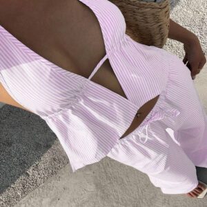 Sunnyshic 2 pièces Costume rayé bleu et blanc pour femme : Top sans dos à encolure en V profond en coton et pantalon large taille haute à cordon, tenue de mode décontractée pour les vacances et le quotidien, printemps/été