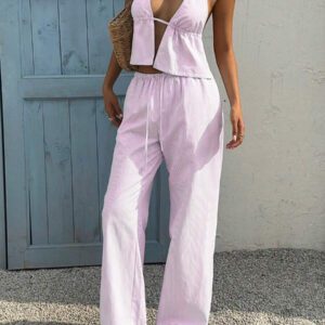 Sunnyshic 2 pièces Costume rayé bleu et blanc pour femme : Top sans dos à encolure en V profond en coton et pantalon large taille haute à cordon, tenue de mode décontractée pour les vacances et le quotidien, printemps/été