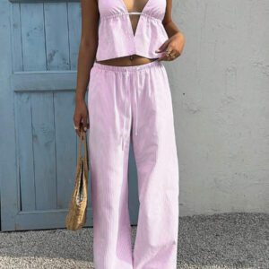 Sunnyshic 2 pièces Costume rayé bleu et blanc pour femme : Top sans dos à encolure en V profond en coton et pantalon large taille haute à cordon, tenue de mode décontractée pour les vacances et le quotidien, printemps/été