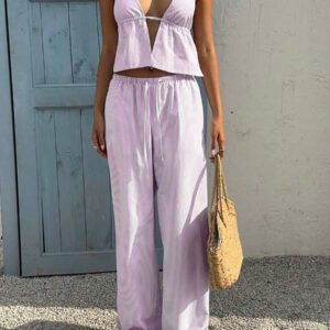 Sunnyshic 2 pièces Costume rayé bleu et blanc pour femme : Top sans dos à encolure en V profond en coton et pantalon large taille haute à cordon, tenue de mode décontractée pour les vacances et le quotidien, printemps/été