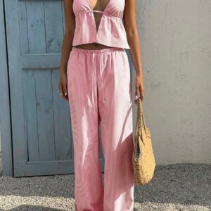 Sunnyshic 2 pièces Costume rayé bleu et blanc pour femme : Top sans dos à encolure en V profond en coton et pantalon large taille haute à cordon, tenue de mode décontractée pour les vacances et le quotidien, printemps/été