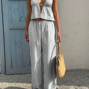 Sunnyshic 2 pièces Costume rayé bleu et blanc pour femme : Top sans dos à encolure en V profond en coton et pantalon large taille haute à cordon, tenue de mode décontractée pour les vacances et le quotidien, printemps/été