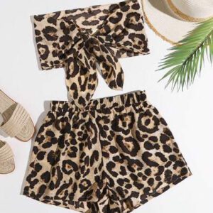 Gooodcoin VCAY Ensemble Deux Pièces Avec Top Tube Léopard, Bandeau Et Short, Noué Sur Le Devant, Plage, Été