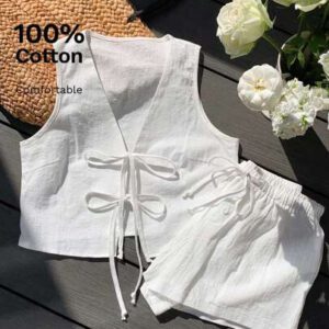 Comfortcana Femmes Débardeur court unicolore à nouer devant et short Ensemble 2 pièces décontracté Vêtements d'été Femmes Ensemble deux pièces