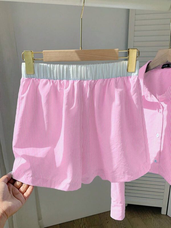 Comfortcana Ensemble 2 pièces casual, chemise rayée tissée jaune et shorts pour femme – Image 18