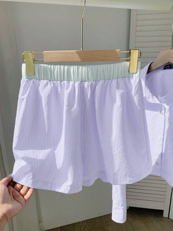 Comfortcana Ensemble 2 pièces casual, chemise rayée tissée jaune et shorts pour femme – Image 32