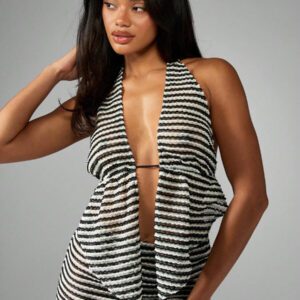MISSGUIDED Ensemble 2 pièces mini robe avec col ras-du-cou, froncé, rayé, en tricot. Tenue de club, soirée, été, plage, vacances, festival, décontractée