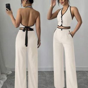 Elenzga Ensemble 2 pièces pour femmes composé d'un Top dos nu avec col montant et d'un pantalon long, dans des couleurs contrastées