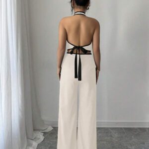 Elenzga Ensemble 2 pièces pour femmes composé d'un Top dos nu avec col montant et d'un pantalon long, dans des couleurs contrastées
