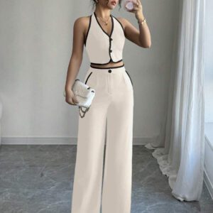 Elenzga Ensemble 2 pièces pour femmes composé d'un Top dos nu avec col montant et d'un pantalon long, dans des couleurs contrastées