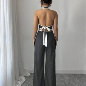 Elenzga Ensemble 2 pièces pour femmes composé d'un Top dos nu avec col montant et d'un pantalon long, dans des couleurs contrastées