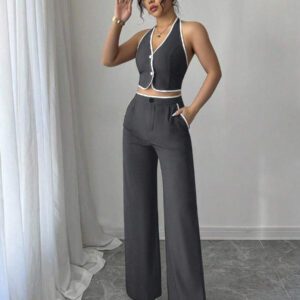 Elenzga Ensemble 2 pièces pour femmes composé d'un Top dos nu avec col montant et d'un pantalon long, dans des couleurs contrastées