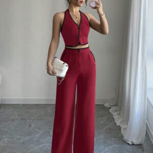 Elenzga Ensemble 2 pièces pour femmes composé d'un Top dos nu avec col montant et d'un pantalon long, dans des couleurs contrastées
