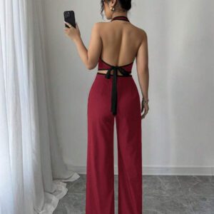 Elenzga Ensemble 2 pièces pour femmes composé d'un Top dos nu avec col montant et d'un pantalon long, dans des couleurs contrastées