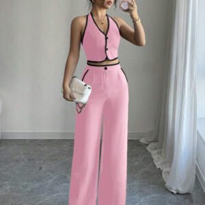 Elenzga Ensemble 2 pièces pour femmes composé d'un Top dos nu avec col montant et d'un pantalon long, dans des couleurs contrastées
