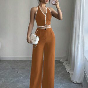 Elenzga Ensemble 2 pièces pour femmes composé d'un Top dos nu avec col montant et d'un pantalon long, dans des couleurs contrastées