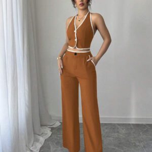 Elenzga Ensemble 2 pièces pour femmes composé d'un Top dos nu avec col montant et d'un pantalon long, dans des couleurs contrastées