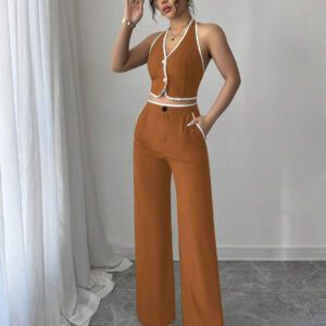 Elenzga Ensemble 2 pièces pour femmes composé d'un Top dos nu avec col montant et d'un pantalon long, dans des couleurs contrastées