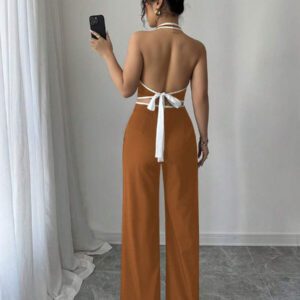 Elenzga Ensemble 2 pièces pour femmes composé d'un Top dos nu avec col montant et d'un pantalon long, dans des couleurs contrastées