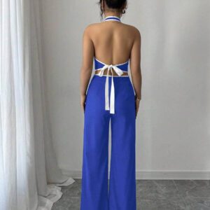 Elenzga Ensemble 2 pièces pour femmes composé d'un Top dos nu avec col montant et d'un pantalon long, dans des couleurs contrastées