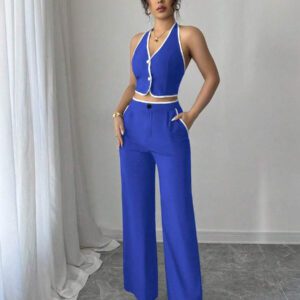 Elenzga Ensemble 2 pièces pour femmes composé d'un Top dos nu avec col montant et d'un pantalon long, dans des couleurs contrastées
