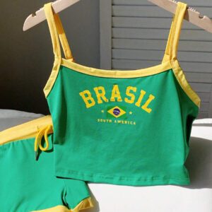 Comfortcana Ensemble estival de haut court et de shorts imprimé avec des lettres colorées du drapeau du Brésil, ajusté