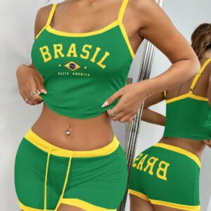 Comfortcana Ensemble estival de haut court et de shorts imprimé avec des lettres colorées du drapeau du Brésil, ajusté