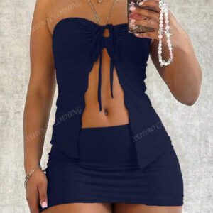 Ensemble jupe et Top asymétrique sexy en couleur unie pour femmes, vêtements de Noël, tenues de sortie, tenues de club sexy pour femmes, robe corset, épaules dénudées, tenues de concert et de rave