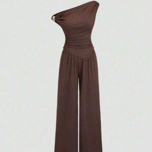 Sweetra Ensemble femme 2 pièces: Top asymétrique argenté métallique simple et tout assorti à épaules dénudées et pantalon ample droit décontracté