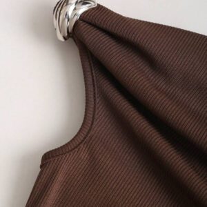 Sweetra Ensemble femme 2 pièces: Top asymétrique argenté métallique simple et tout assorti à épaules dénudées et pantalon ample droit décontracté