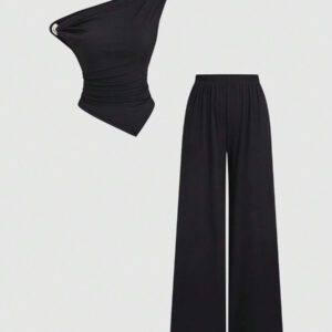 Sweetra Ensemble femme 2 pièces: Top asymétrique argenté métallique simple et tout assorti à épaules dénudées et pantalon ample droit décontracté