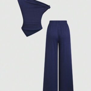 Sweetra Ensemble femme 2 pièces: Top asymétrique argenté métallique simple et tout assorti à épaules dénudées et pantalon ample droit décontracté