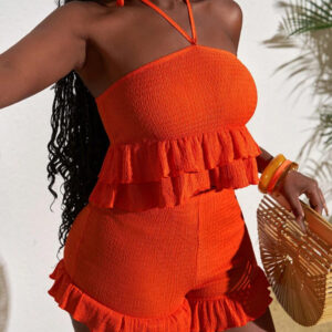 Slaydiva Ensemble de Top bandeau texturé à volants en tissu orange unicolore et shorts ajustés à ourlet à volants pour les vacances d'été