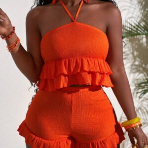 Slaydiva Ensemble de Top bandeau texturé à volants en tissu orange unicolore et shorts ajustés à ourlet à volants pour les vacances d'été