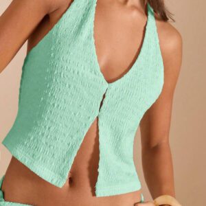 Gooodcoin BAE 2 pièces Ensemble de femme d'été, Top court texturé à col V profond et jupe longue taille basse. Tenue blanche de villégiature
