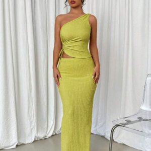 Elenzga 2 pièces Set élégant: Blouse à col asymétrique découpé avec cordon de serrage et mini-jupe