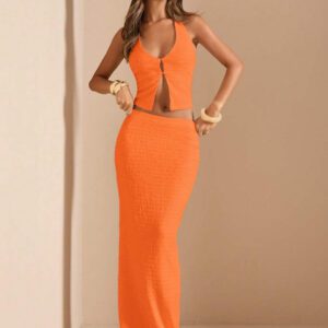 Gooodcoin BAE 2 pièces Ensemble de femme d'été, Top court texturé à col V profond et jupe longue taille basse. Tenue blanche de villégiature