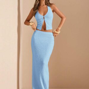 Gooodcoin BAE 2 pièces Ensemble de femme d'été, Top court texturé à col V profond et jupe longue taille basse. Tenue blanche de villégiature