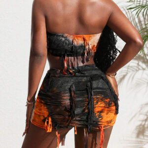 Slaydiva Nouveau ensemble deux pièces femme pour le printemps et l'été, top tube décontracté et sexy + mini-jupe évasée à la taille en V, en tissu déchiré tie-dye. Tenues d'été