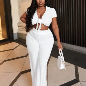 Slaydiva Ensemble casual avec Top moulant à col polo, manches courtes et lien devant, et pantalon droit - B