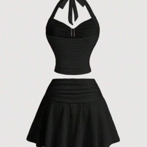 Gooodcoin MOD Tenue deux pièces pour femmes ajustée, texturée, avec un col lavallière, un motif floral, une attache métallique et un tricot, pour les vacances
