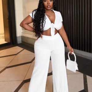 Slaydiva Ensemble casual avec Top moulant à col polo, manches courtes et lien devant, et pantalon droit - B