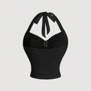 Gooodcoin MOD Tenue deux pièces pour femmes ajustée, texturée, avec un col lavallière, un motif floral, une attache métallique et un tricot, pour les vacances
