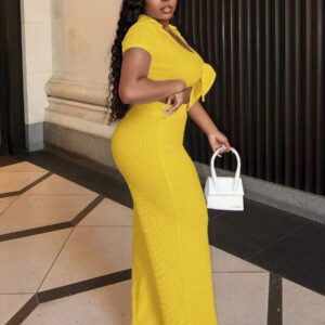 Slaydiva Ensemble casual avec Top moulant à col polo, manches courtes et lien devant, et pantalon droit - B