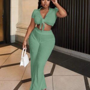 Slaydiva Ensemble casual avec Top moulant à col polo, manches courtes et lien devant, et pantalon droit - B