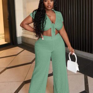 Slaydiva Ensemble casual avec Top moulant à col polo, manches courtes et lien devant, et pantalon droit - B